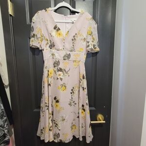 Neiman Marcus White and Pink Puff Sleeve A-Line Dress